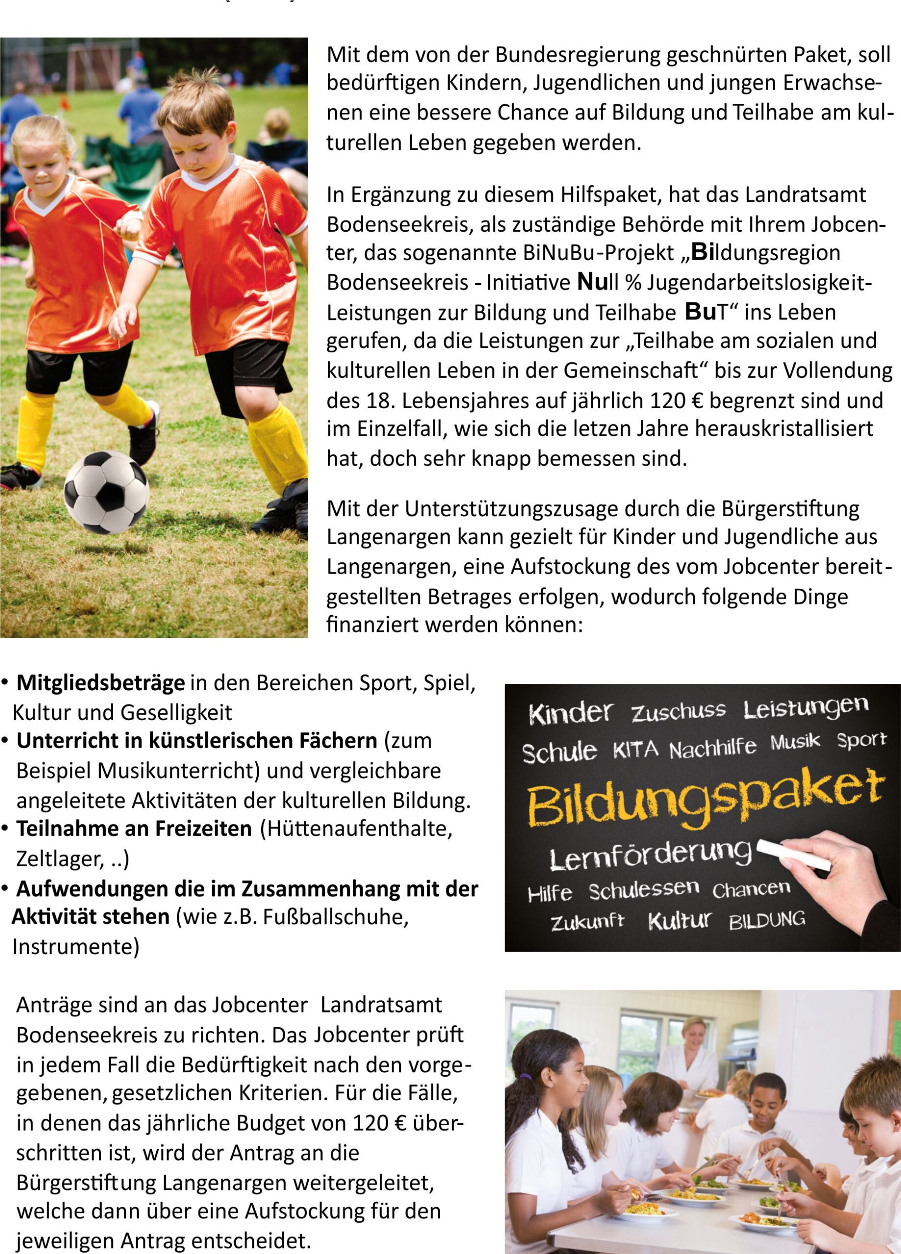 Die Bürgerstiftung Langenargen unterstützt das Bildungs- und Teilhabe-Paket (BuT)